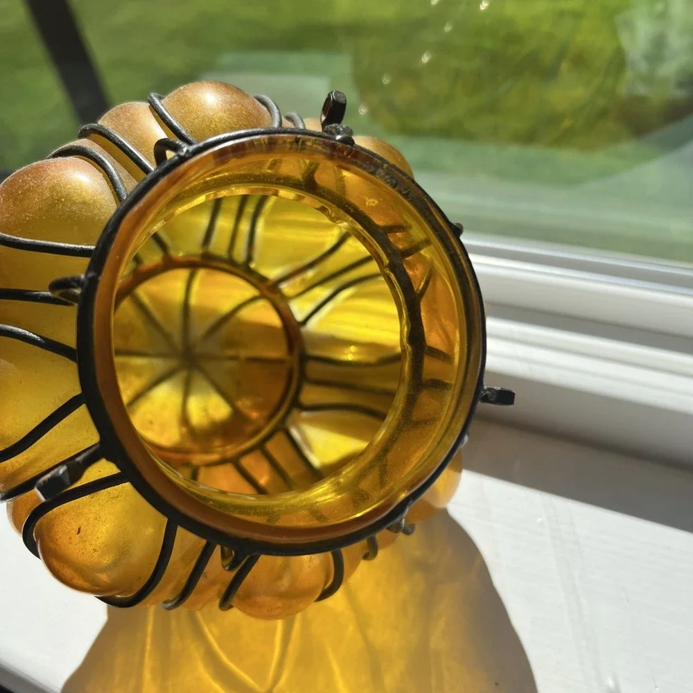 Hanging Iron Caged Amber Glass Bubble Candle Holder Luminary Vase Moroccan  MCM